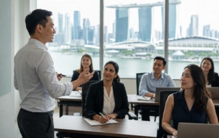 A diverse group of professionals in a modern Singapore office engaging in a training session