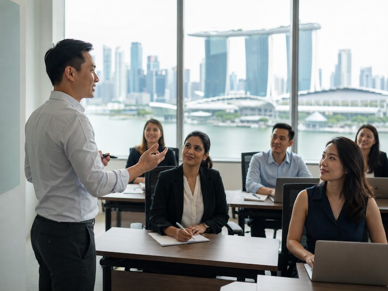 A diverse group of professionals in a modern Singapore office engaging in a training session