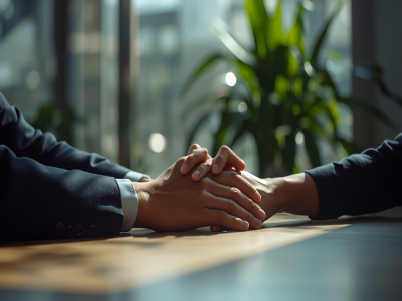 A manager and employee having a supportive private conversation in a Singapore office