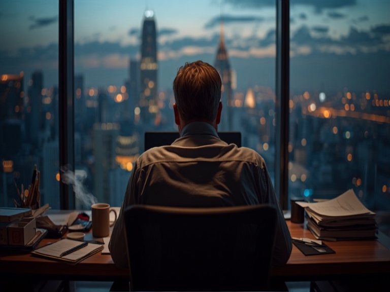 Illustration of a professional working late at a desk