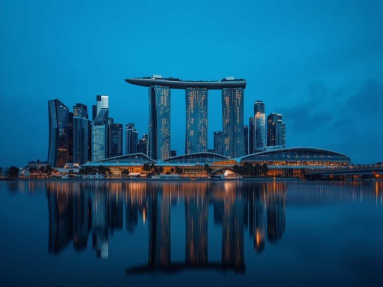 Marina Bay Sands reflected in the waterfront at dusk