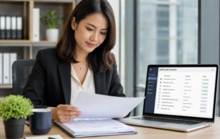 Office scene showing HR manager calmly reviewing documents with MOM audit checklist visible on a laptop screen