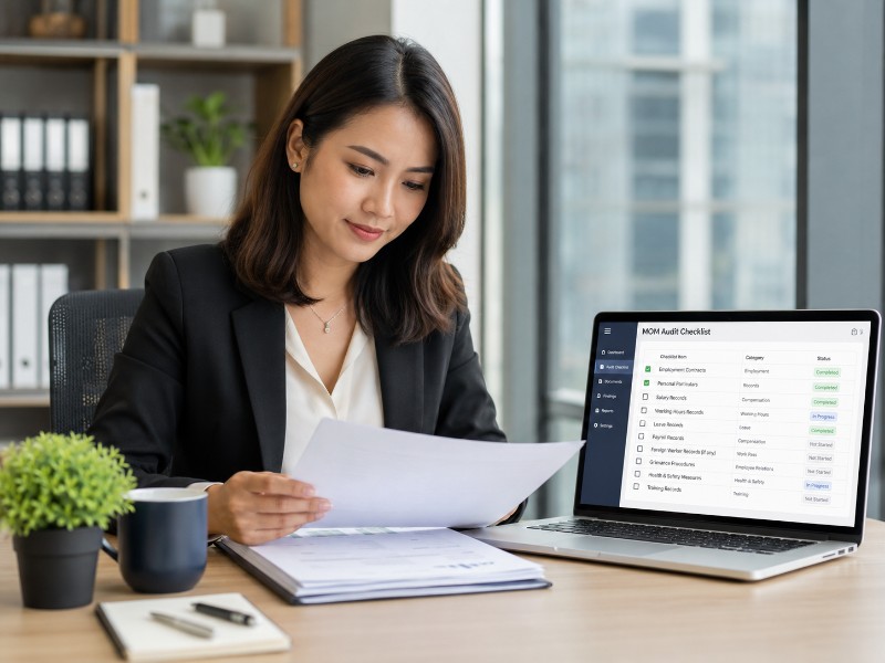 Office scene showing HR manager calmly reviewing documents with MOM audit checklist visible on a laptop screen