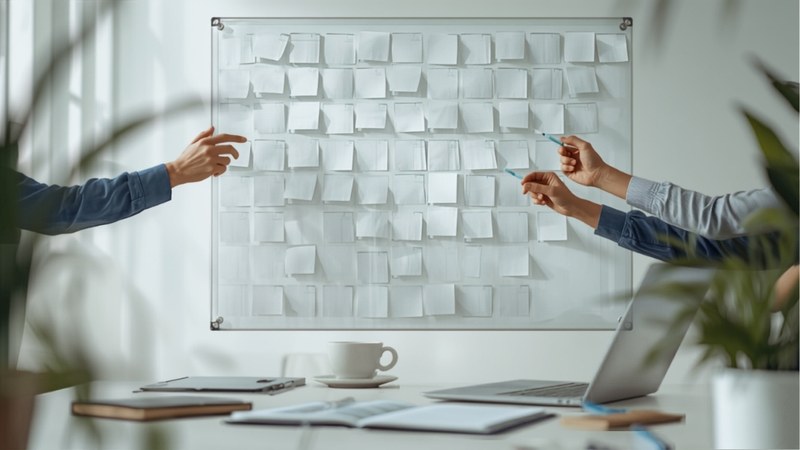 Marketing team collaborating around a whiteboard covered in blank sticky notes while planning a campaign