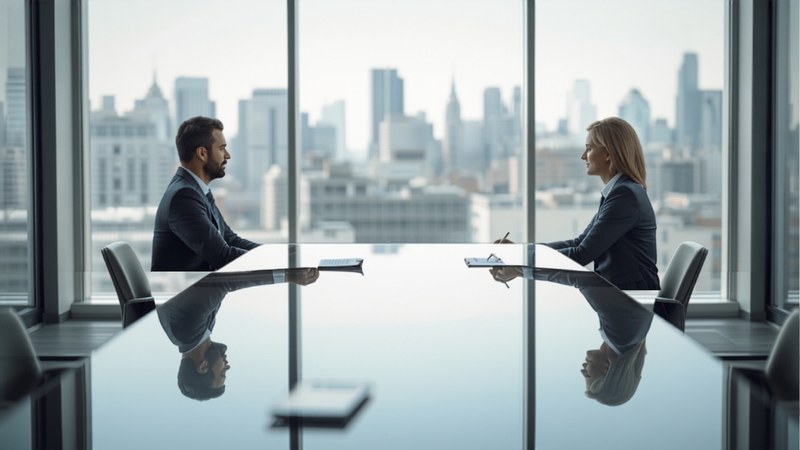 Hiring manager and candidate seated across a table in a modern meeting room during a professional interview
