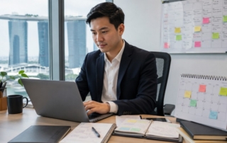 A professional in Singapore working at a laptop surrounded by notebooks and a calendar showing multiple engagements