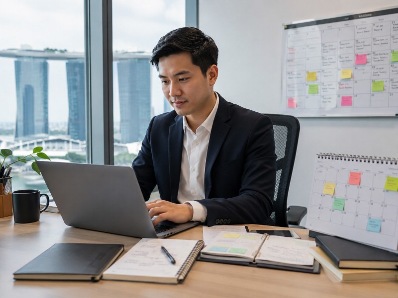 A professional in Singapore working at a laptop surrounded by notebooks and a calendar showing multiple engagements