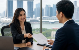 HR manager handing a signed job offer letter to a new hire in Singapore office