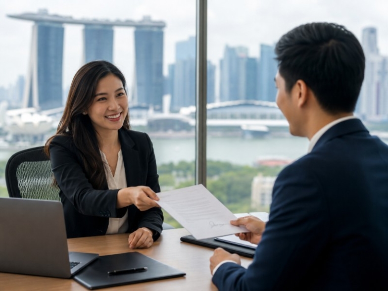 HR manager handing a signed job offer letter to a new hire in Singapore office