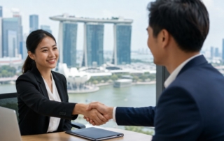 Professional recruiter and employer handshake with Singapore skyline