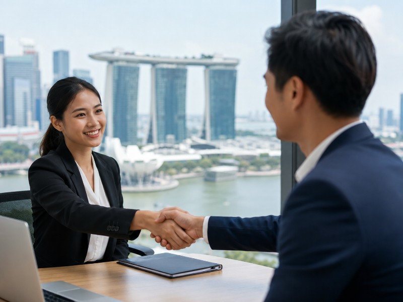 Professional recruiter and employer handshake with Singapore skyline