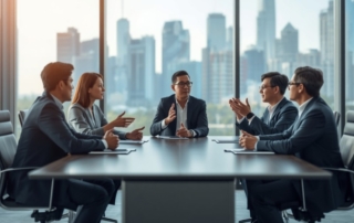 A boardroom scene with diverse senior leaders discussing hiring strategy, Singapore skyline in background