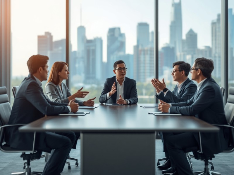 A boardroom scene with diverse senior leaders discussing hiring strategy, Singapore skyline in background