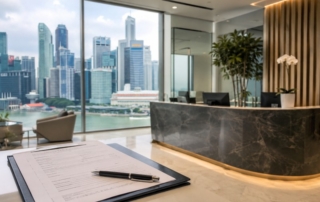Photograph of downtown Singapore skyline with a modern office reception desk in foreground and a subtle company registration form on a table