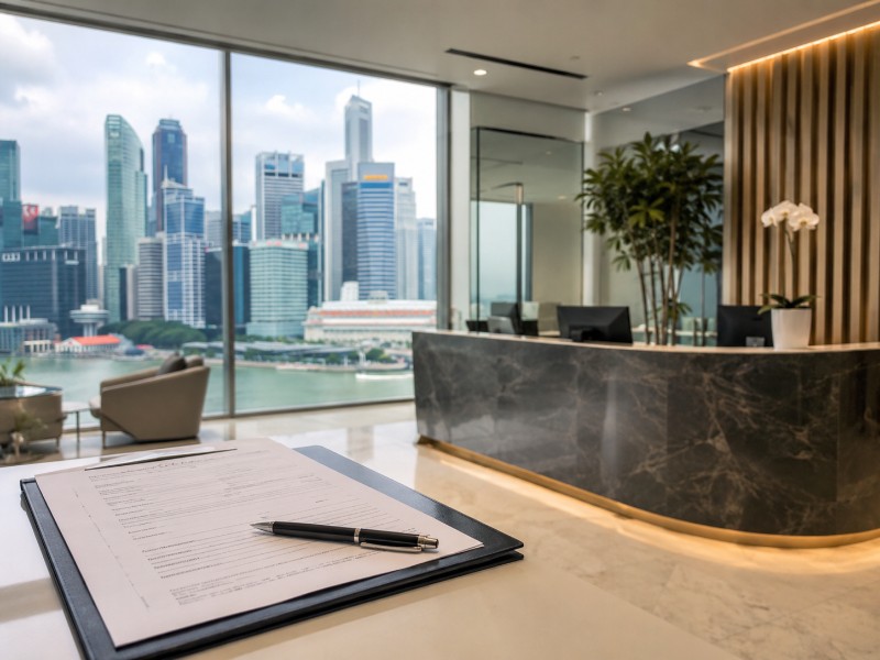 Photograph of downtown Singapore skyline with a modern office reception desk in foreground and a subtle company registration form on a table