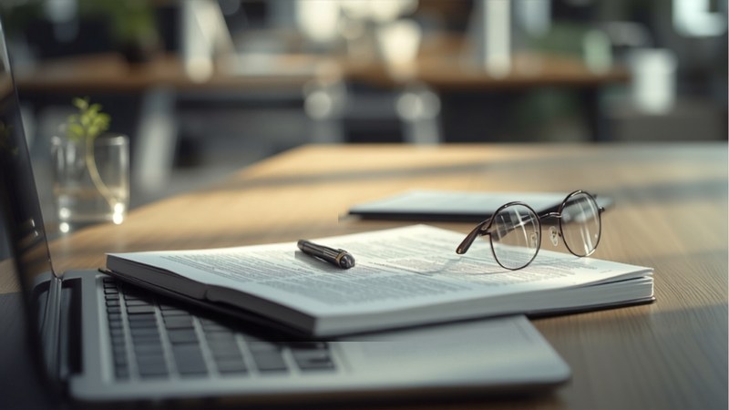 Employee handbook and leave policy documents open on an HR desk beside a laptop