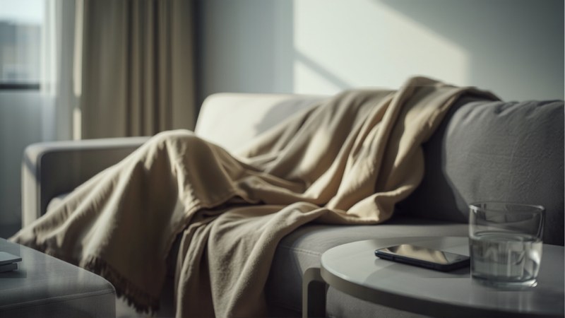 A person resting at home on a sofa with a glass of water and a mobile phone nearby