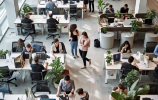 Modern Singapore office with a mix of open-plan desks, quiet pods and biophilic elements, showing diverse employees collaborating