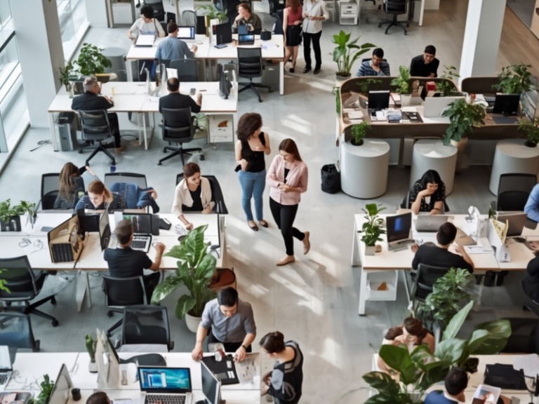Modern Singapore office with a mix of open-plan desks, quiet pods and biophilic elements, showing diverse employees collaborating