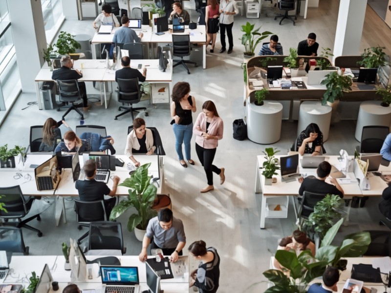 Modern Singapore office with a mix of open-plan desks, quiet pods and biophilic elements, showing diverse employees collaborating