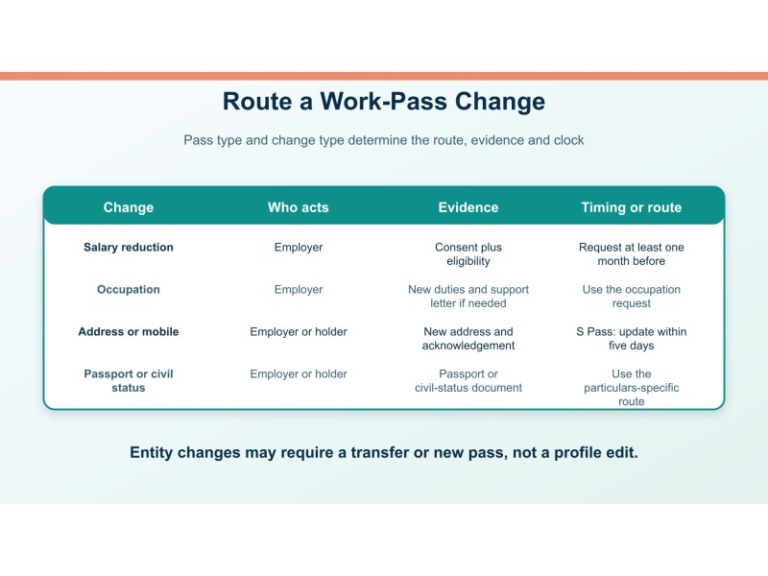 Original editorial decision diagram for changing a pass holder's details: what employers update with mom