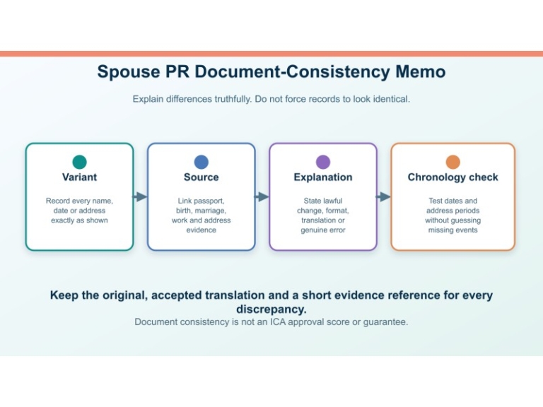 Original editorial decision diagram for spouse pr application mismatches: a document-consistency memo