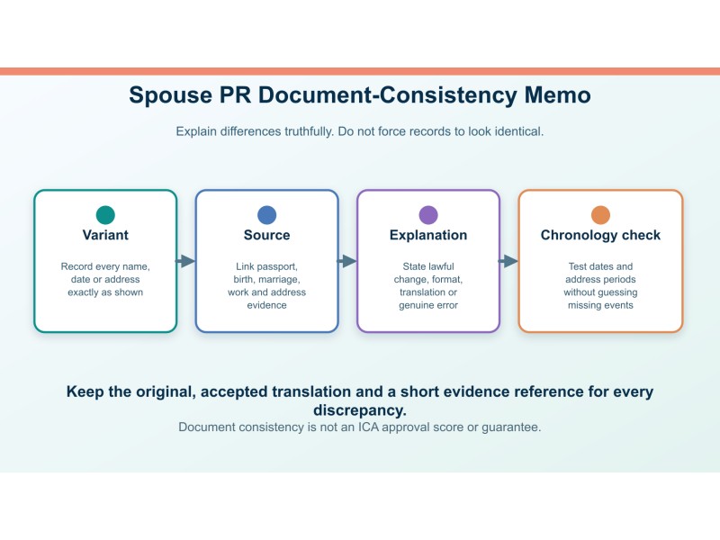 Original editorial decision diagram for spouse pr application mismatches: a document-consistency memo