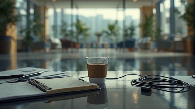 Desk with notebook and coffee in a polished modern office lobby