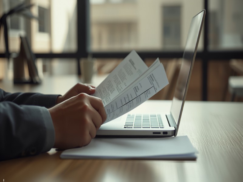 Hiring manager reviewing candidate documents beside a laptop in a naturally lit office