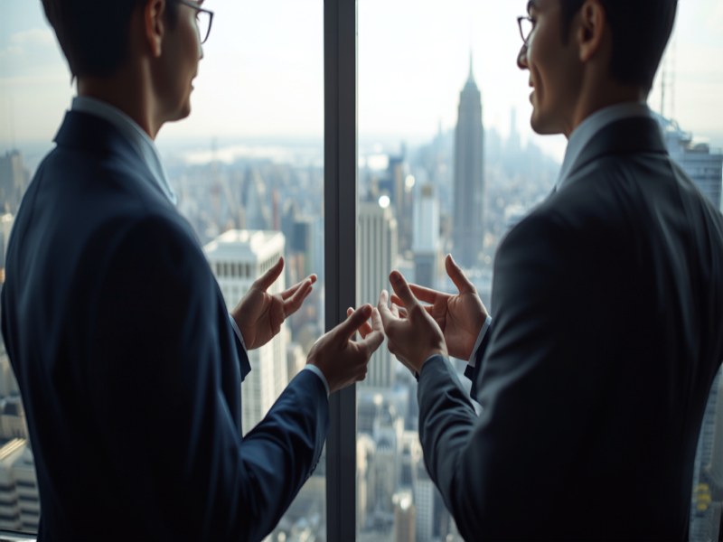 Two colleagues in business attire in conversation beside a window overlooking a city skyline