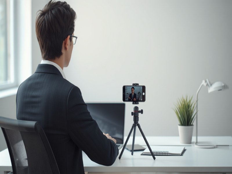 Employee recording a short video about their workplace at an office desk