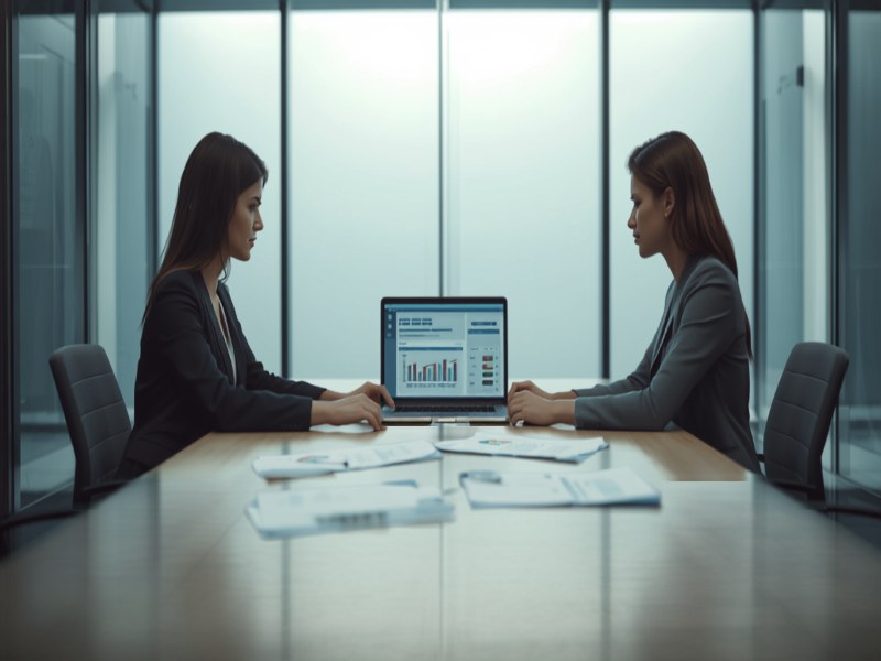 Two colleagues reviewing recruitment content on a laptop in a meeting room