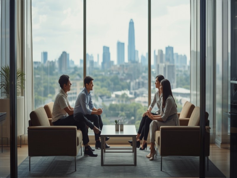 Illustration of colleagues discussing work in an office lounge