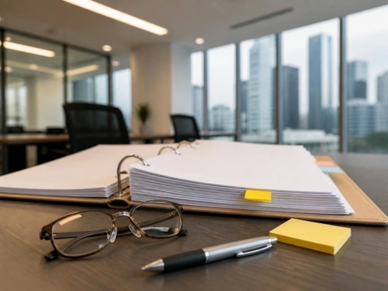 Employee handbook open on an office desk with glasses and pen