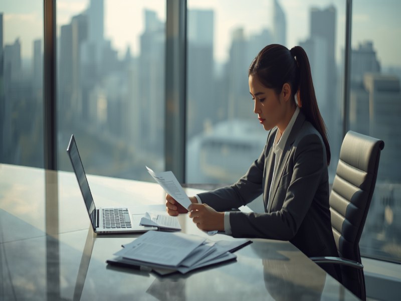 HR professional reviewing work pass application documents at a desk in a Singapore office