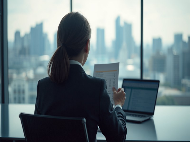 Consultant reviewing Employment Pass compliance paperwork beside a laptop in a Singapore office
