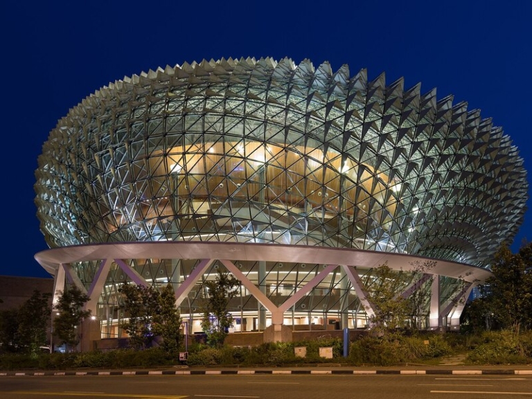 Esplanade Theatres on the Bay illuminated at night in Singapore