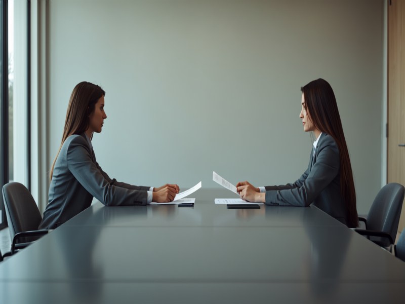 Two colleagues calmly reviewing a printed document across a meeting room table