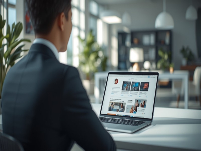 Illustration of a professional reading online feedback on a laptop