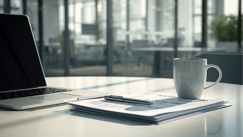 Laptop and printed payroll and employment contract documents on a bright office desk