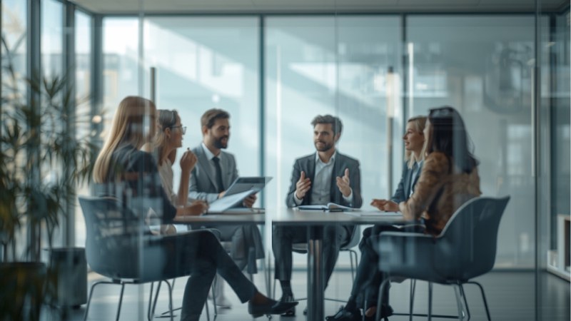 A small team having an open discussion in a glass-walled meeting room