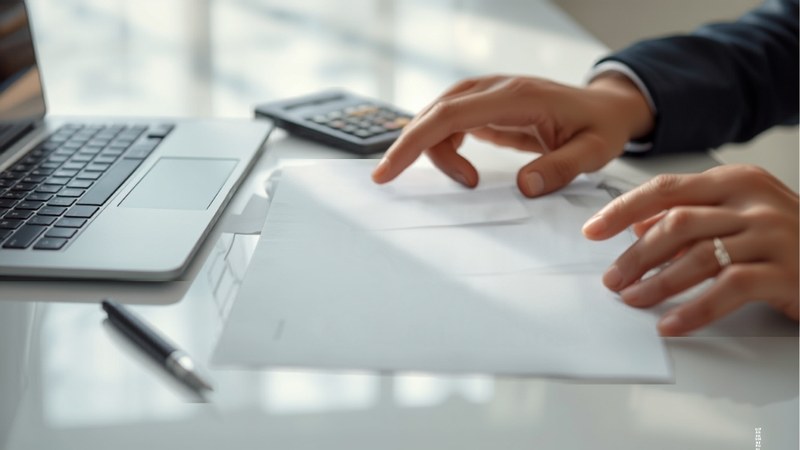 Hands reviewing an internship agreement on an office desk beside a laptop and calculator
