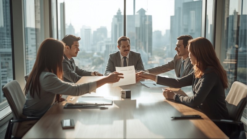 A team discussing employment paperwork in a bright Singapore meeting room