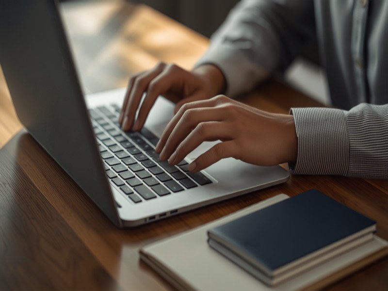 Person completing an online government application form on a laptop at a dining table