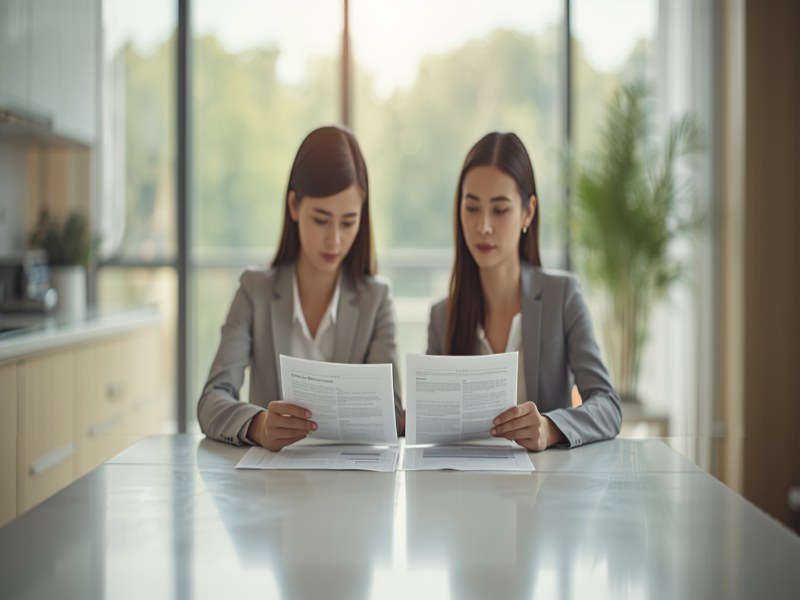 Two people reviewing official immigration documents together at a table in a bright Singapore home