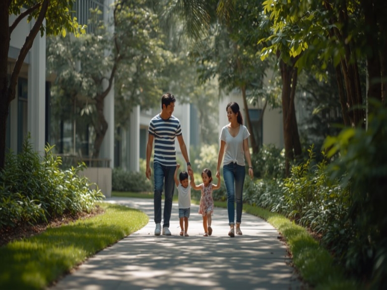 Illustration of a family walking through a leafy park