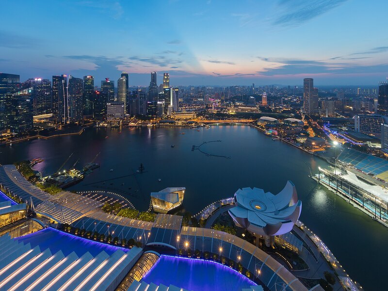 Marina Bay and the Singapore skyline viewed from above at dusk