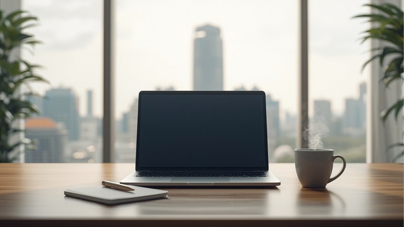 Laptop on a desk overlooking a Singapore office skyline, representing remote-first work