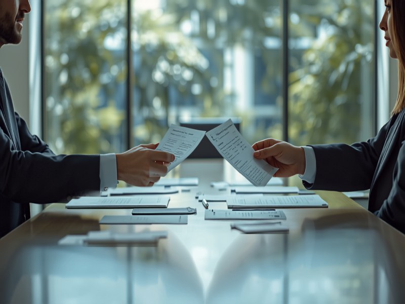 Two colleagues comparing printed interview scorecards in a modern Singapore meeting room