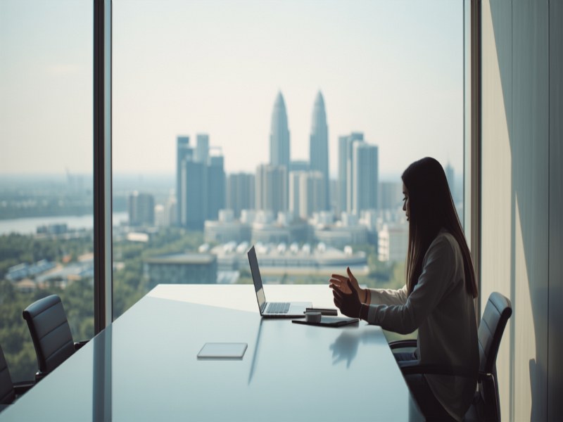 A manager holding a one-to-one check-in with a new team member at a desk overlooking the Singapore skyline